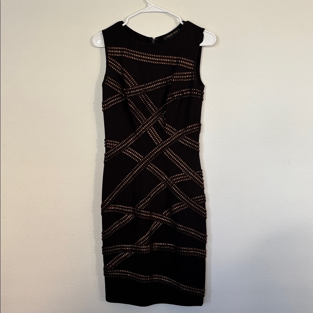 Tadashi Shoji Black and Copper Metallic Crisscross Ribbon Dress Classic Chic
